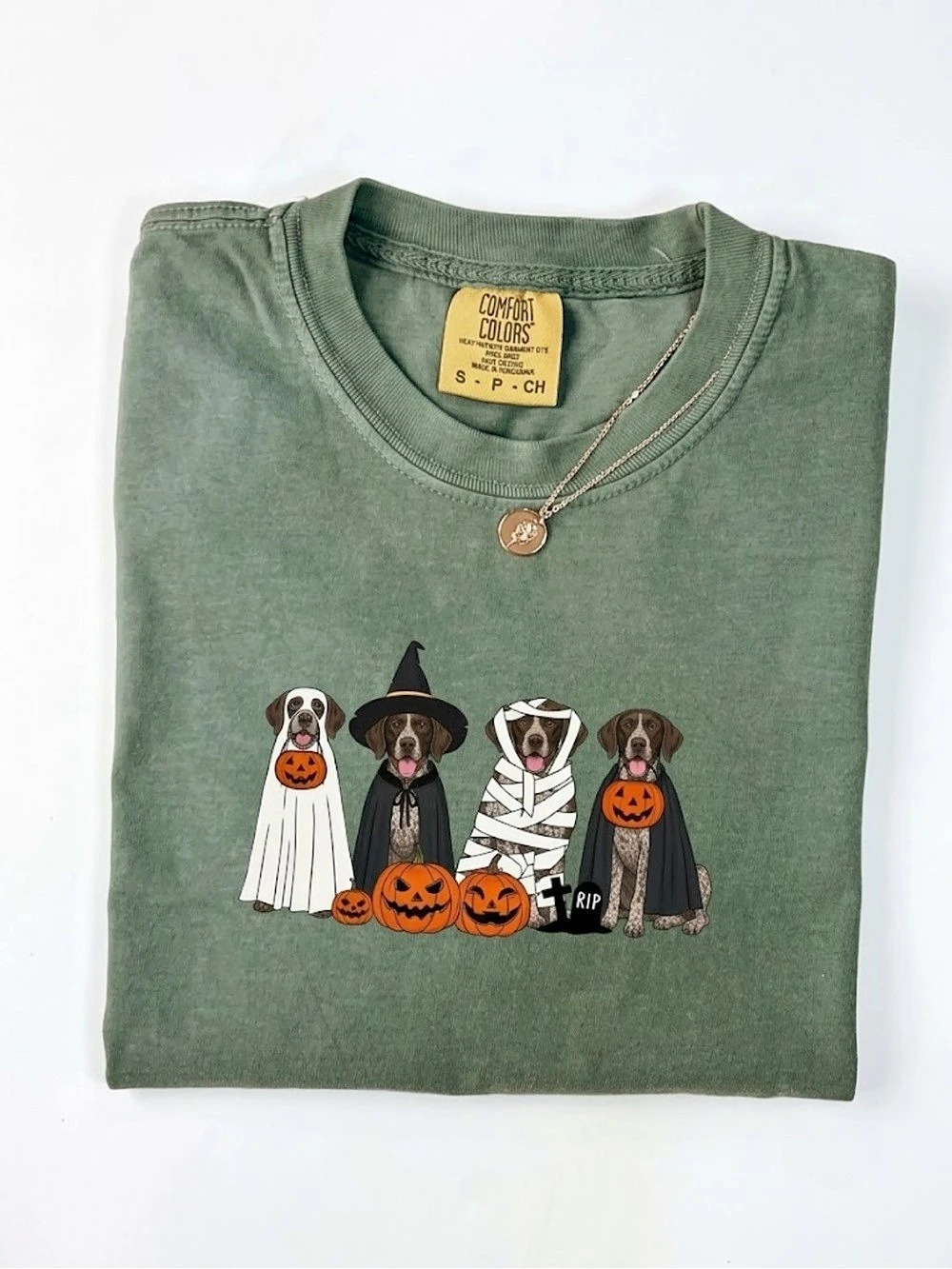 Comfort Colors Halloween Dog Graphic Tee Green Moss